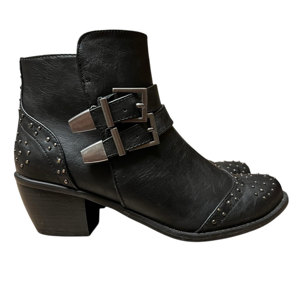 RUFF HEWN Women’s Biker Western Chic Black Buckle Studded Ankle Booties Sz 8